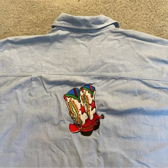 Casey Coleman Cotton Shirt Women's XL Blue Embroidered Cowboy Boots Button Up - Picture 10 of 11
